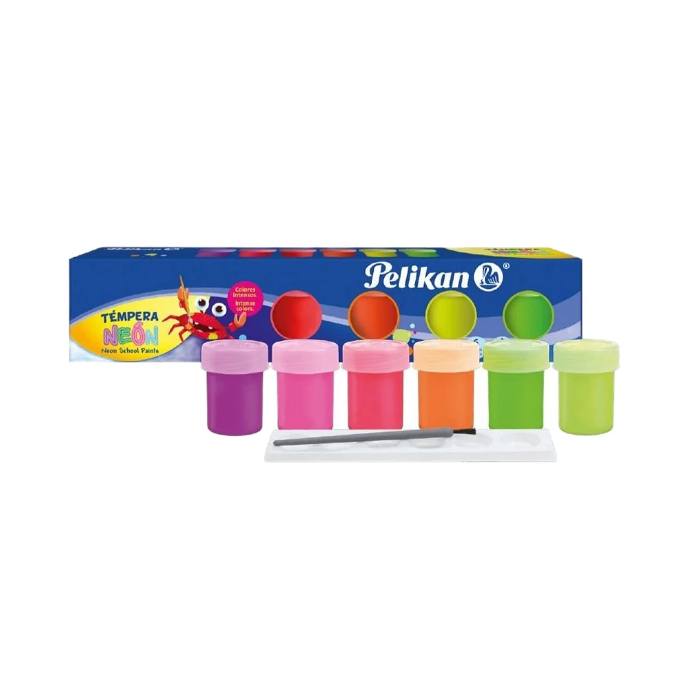 TEMPERA PELIKAN NEON X6U + 1 PINCEL + 1 PALETA DE COLORES.